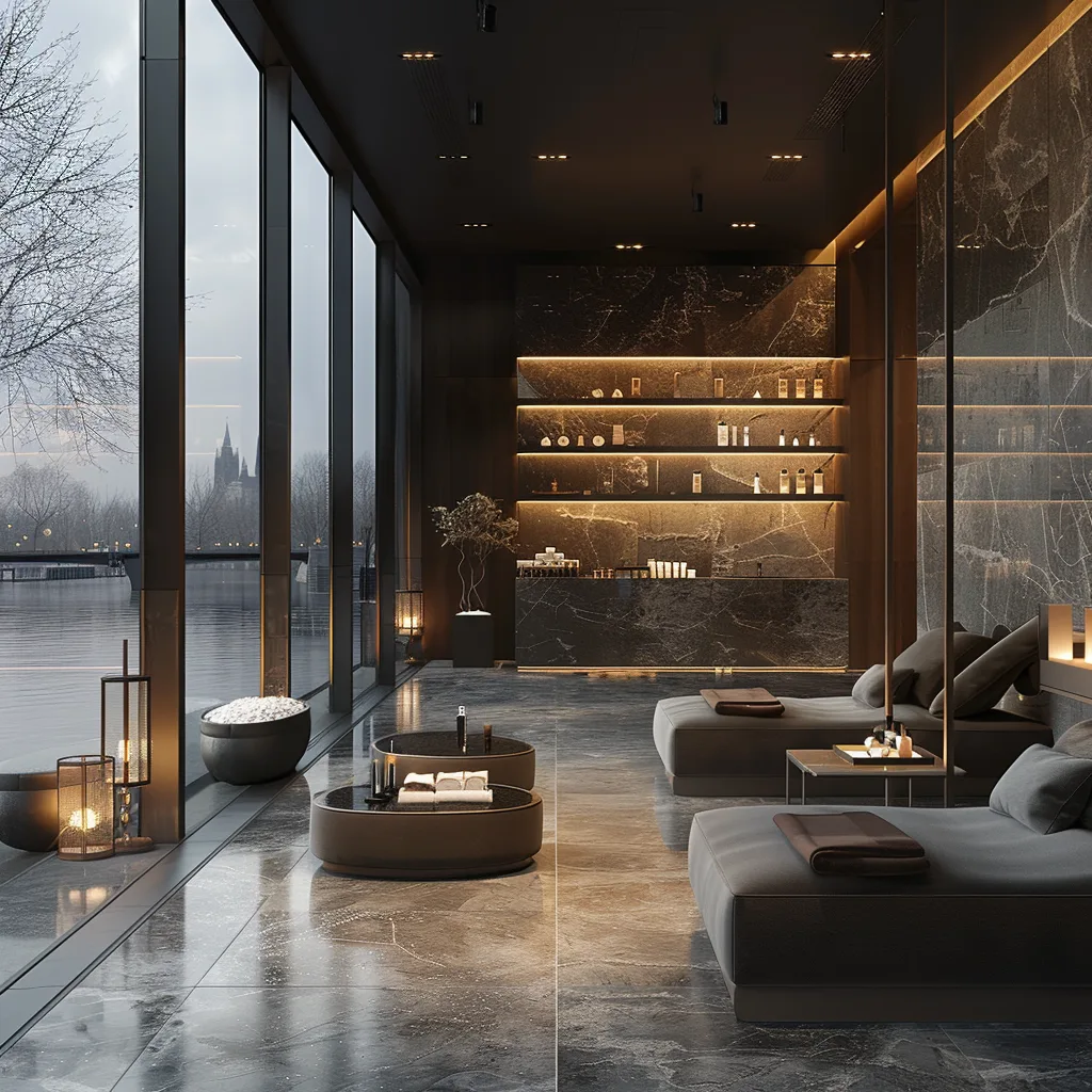 Render: beauty salon final concept overview showing two-level space with consistent premium finish palette and brand-aligned design identity
