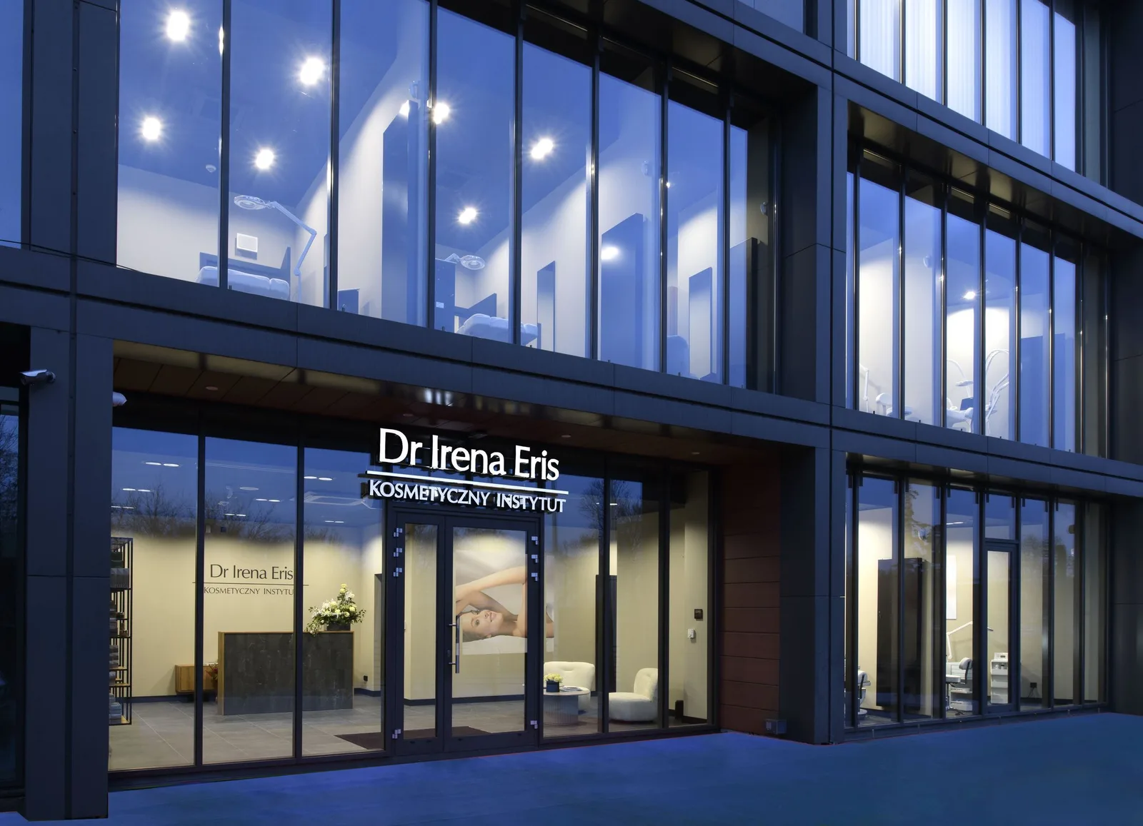 Exterior: main hero view of Dr Irena Eris beauty salon storefront at Nordic Haven tower with branded facade and street-level presence
