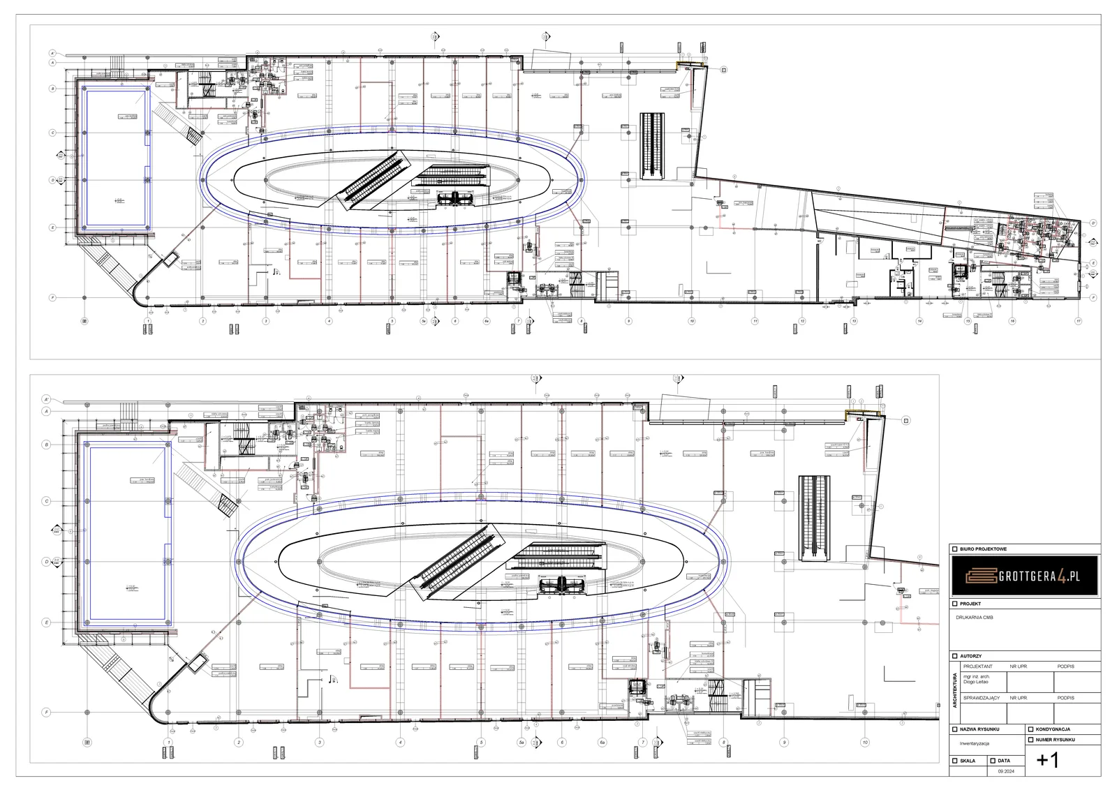 Drawing: architectural drawing page from Drukarnia Mall documentation showing retail level plan with unit boundaries and common area layout