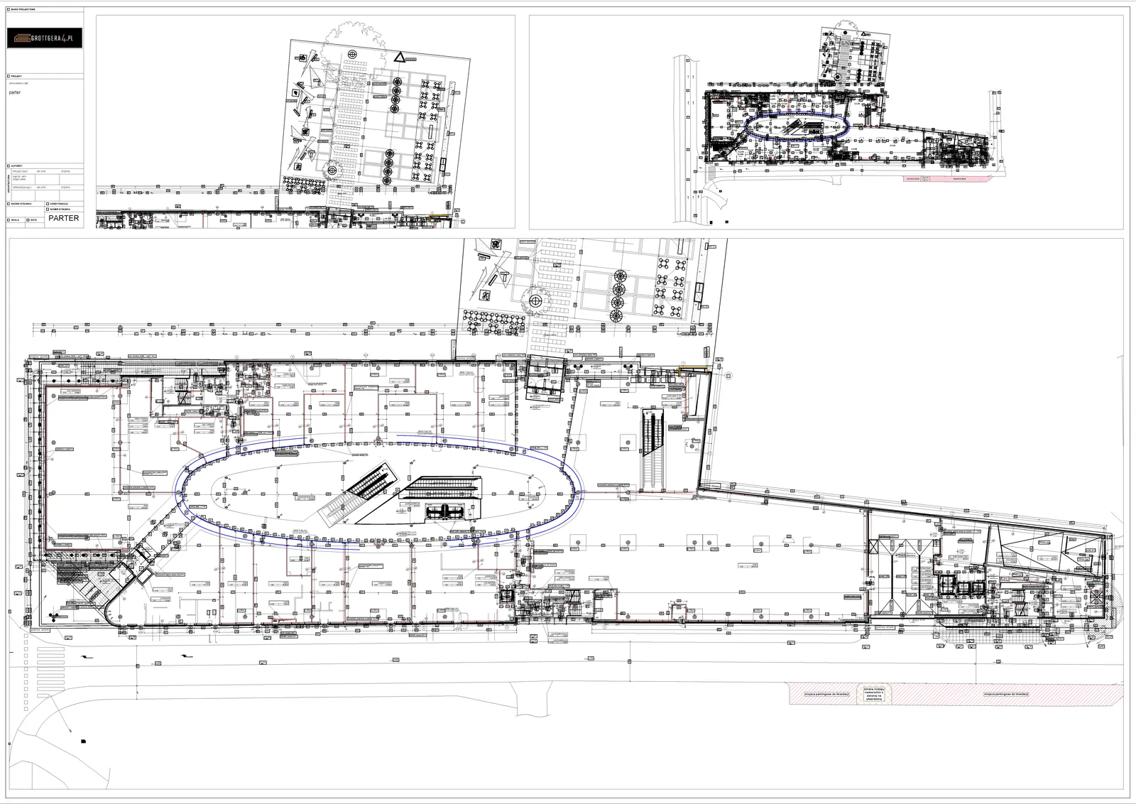 Drawing: architectural drawing page from Drukarnia Mall documentation showing building section and level relationships