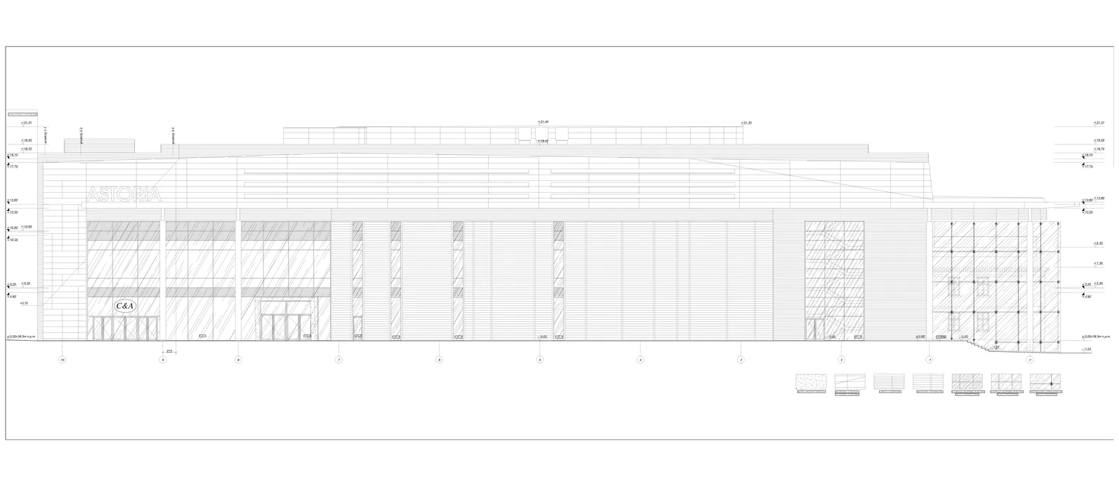Drawing: wide-format architectural drawing page from Drukarnia Mall documentation showing extended floor plan across full building footprint