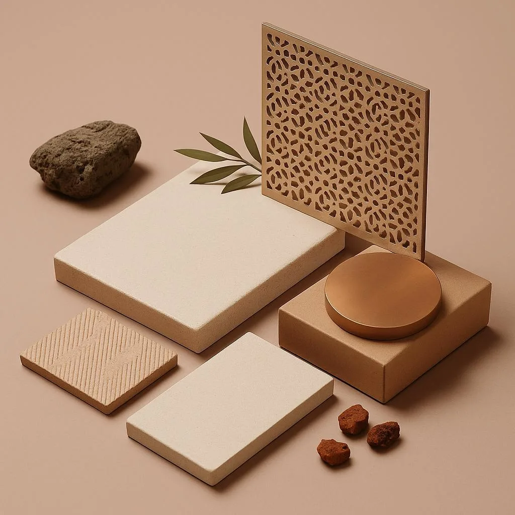 Zone material comparison board showing seven finish palettes from warm bronze residential through industrial stainless to glossy aluminium with UHPC base variants