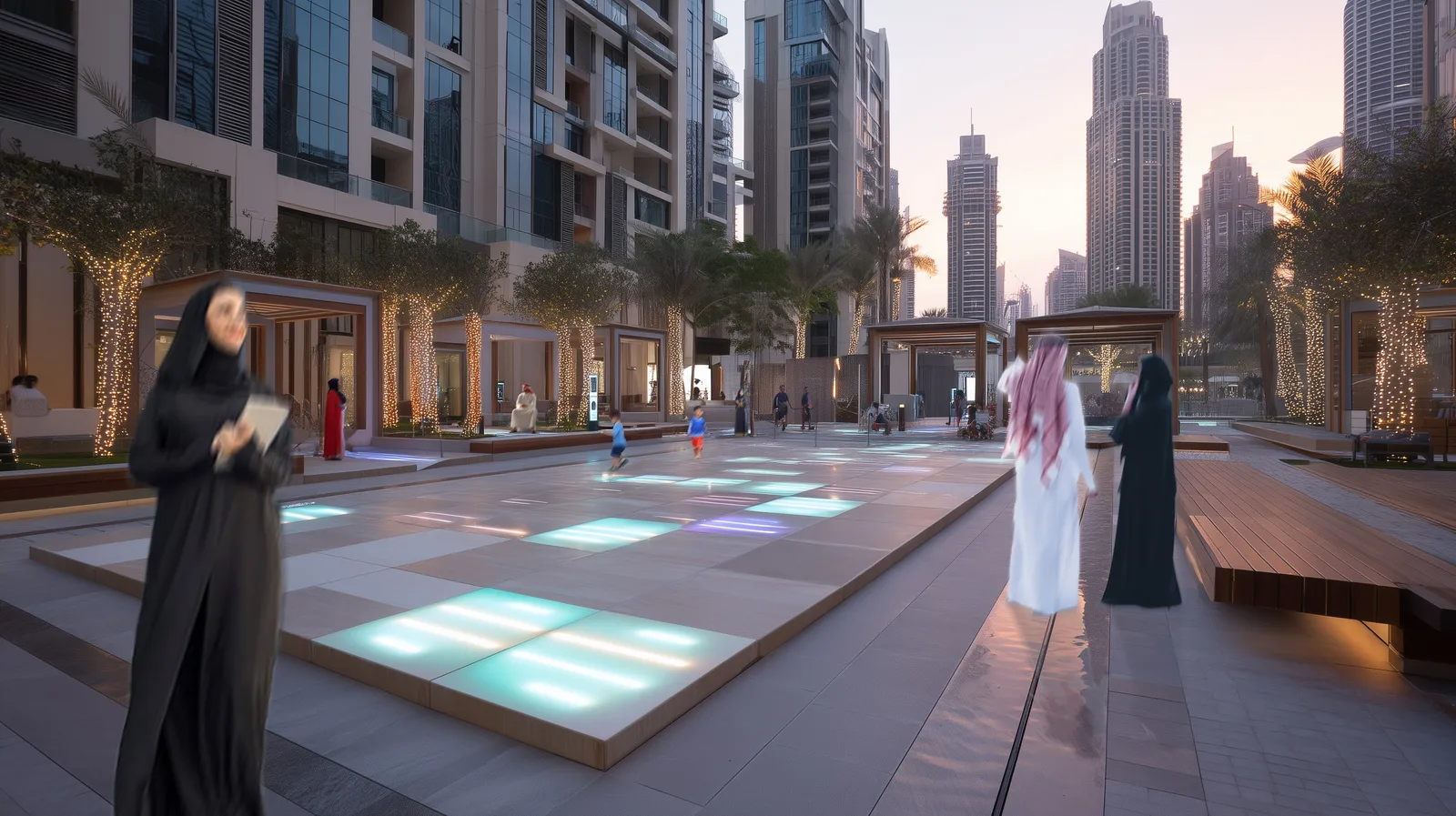 High-end zone render with interactive plaza, LED-lit ground panels, shelter structures, and Dubai skyscrapers
