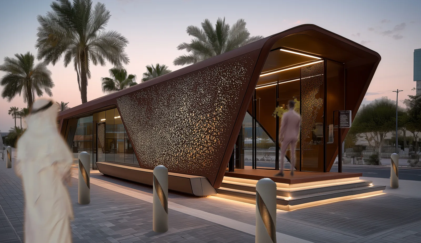 Comprehensive zone render with bus shelter hub, seated waiting area, transit integration, and cool-toned aluminium finishes