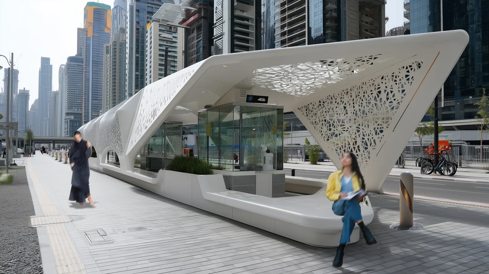 ZAHAR lamp post casting Mashrabiya light patterns on Dubai streetscape at night