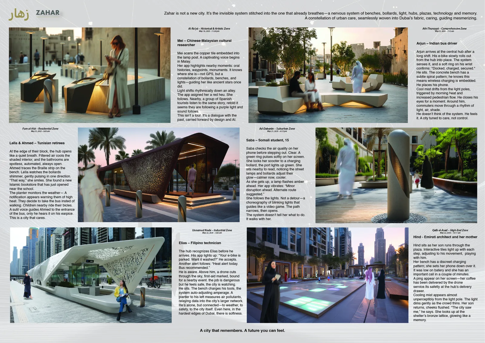 Competition board 4: ZAHAR 2035 user experience scenarios with zone vignettes, accessibility features, and microclimate systems