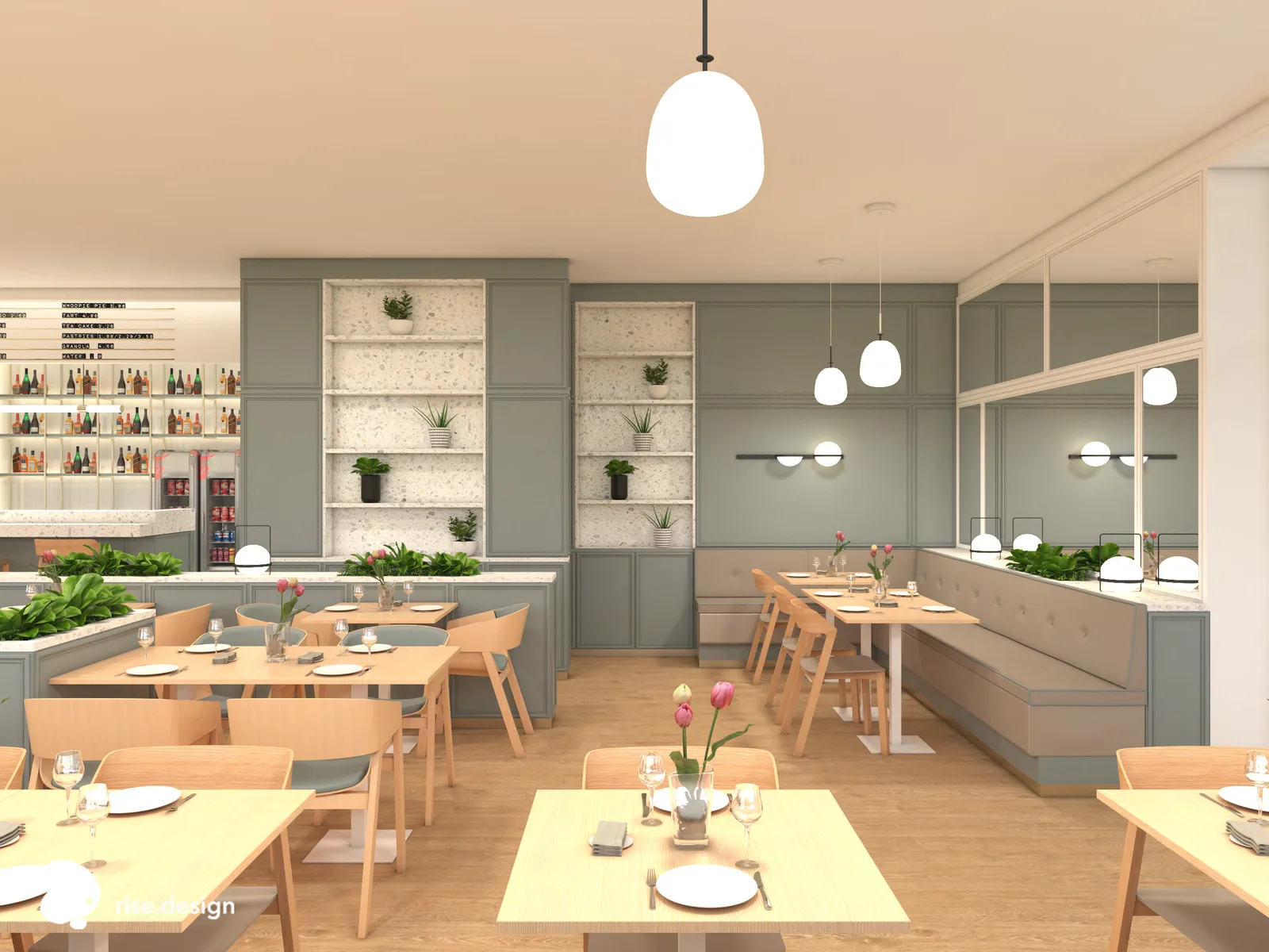 Interior: banquette seating render with tufted sage green upholstery against Mardom Decor moulding wainscoting, wall-mounted display shelves, and Champagne Oak Wineo vinyl plank flooring