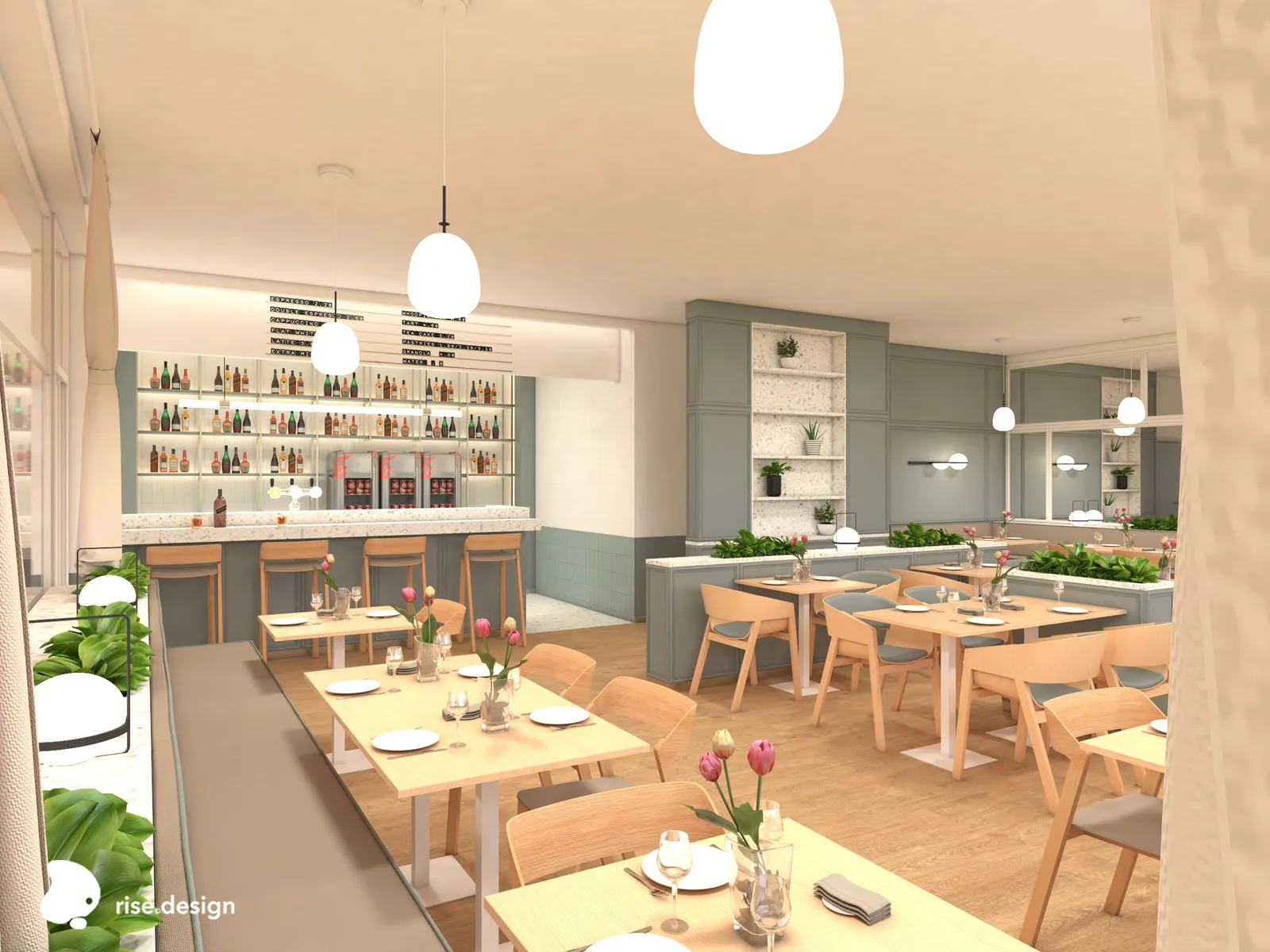 Interior: bar area render viewed from conservatory showing Technistone Crystal Diamond quartz countertop, backlit bottle display shelving, and spatial transition between dining zones