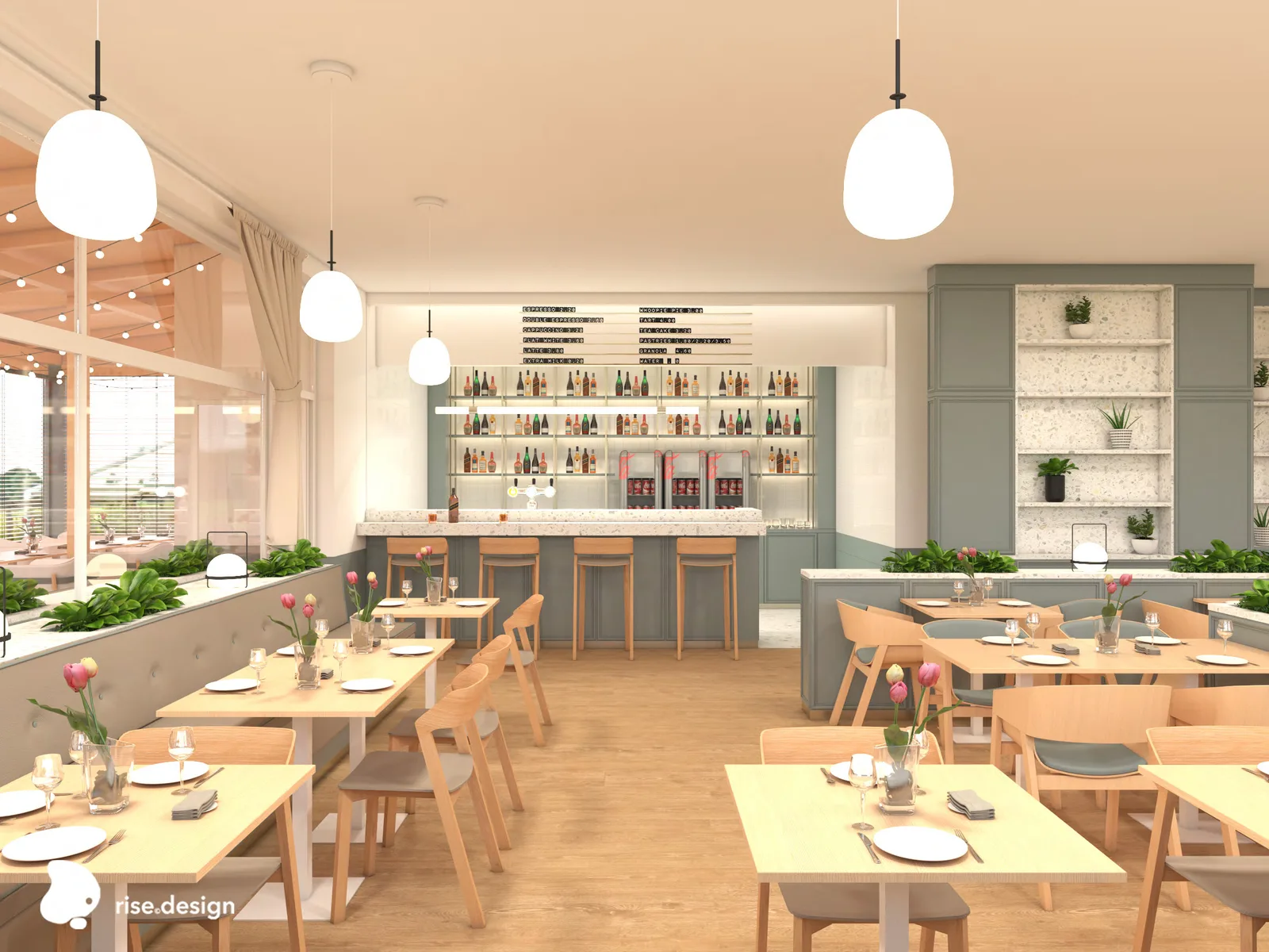Interior: terrazzo bar counter detail render with bottle display shelving behind, opal glass pendant lights above, and brass laminate kick plate at the service station base