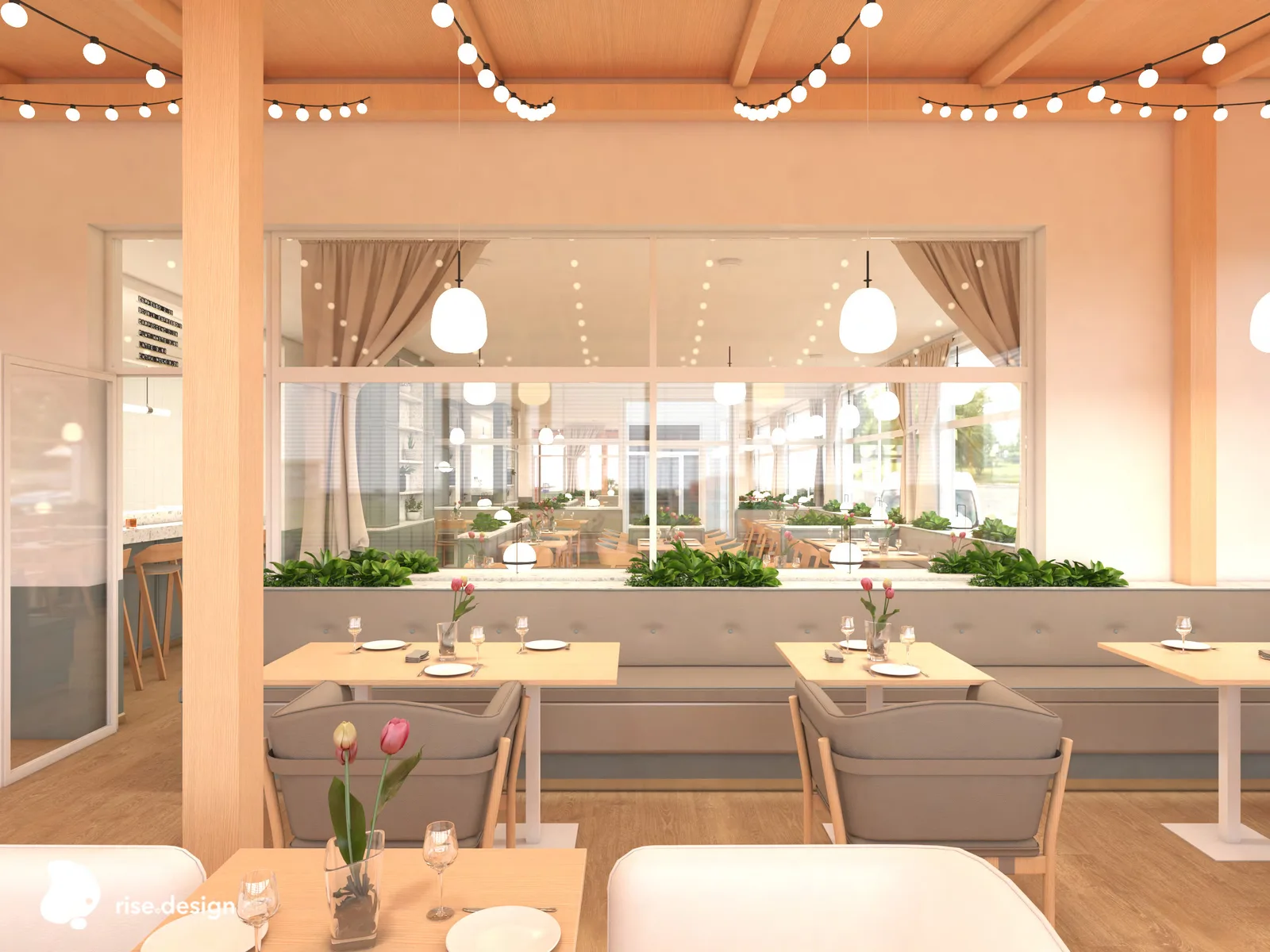 Interior: conservatory banquette seating render with views into main dining hall, festoon string lights above exposed timber beams, and dual-character atmosphere between timber and classical spaces