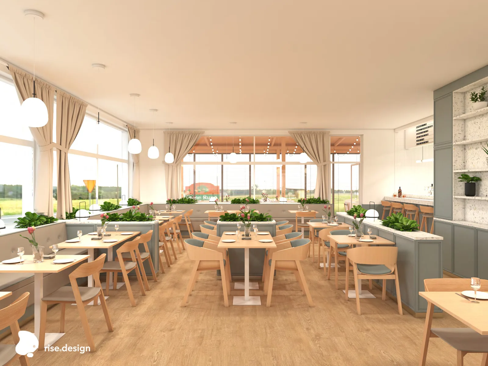 Interior: countryside-facing dining hall render showing sage green RAL 7001 panelled wainscoting, FAMEG beech bentwood chairs, Mardom Decor classical mouldings, and natural daylight through windows