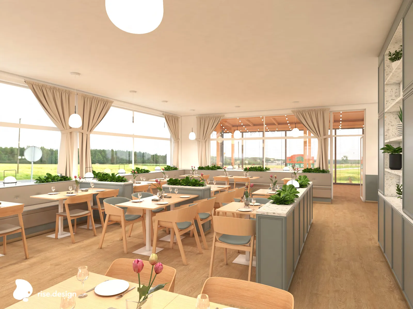 Interior: window seating render with integrated planters in sage green wainscoting base, refined European bistro aesthetic with warm natural light, and Champagne Oak vinyl plank flooring
