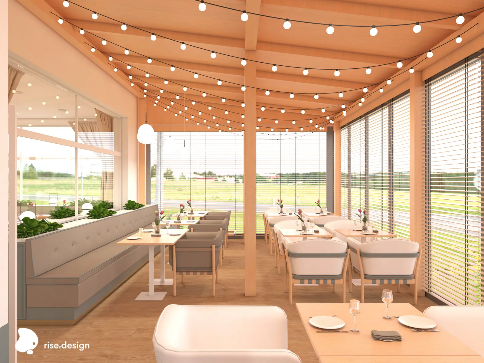 Interior: conservatory orangery render with exposed timber beam roof peaking at 374 centimetres, festoon string lights creating garden-party ambiance, banquette seating, and panoramic countryside views