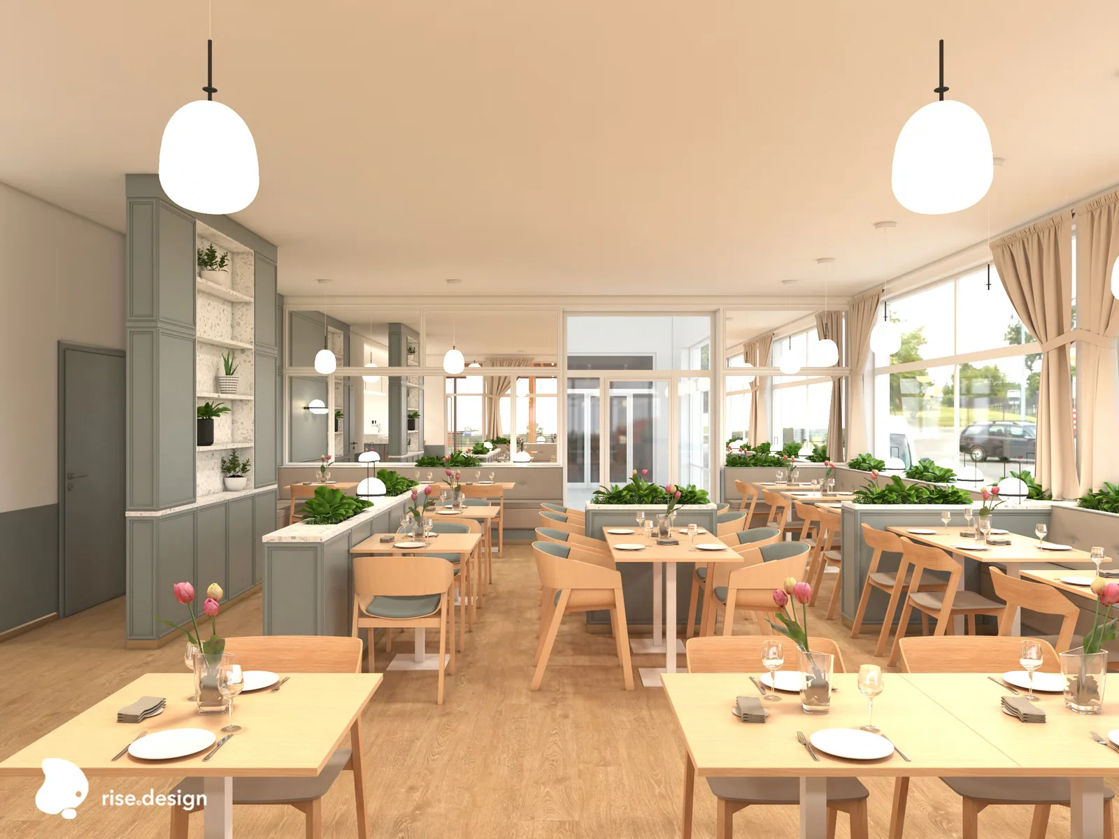 Interior: main dining hall panorama render with sage green panelled wainscoting, display cabinets flanking the bar zone transition, opal pendant lighting, and FAMEG beech furniture throughout