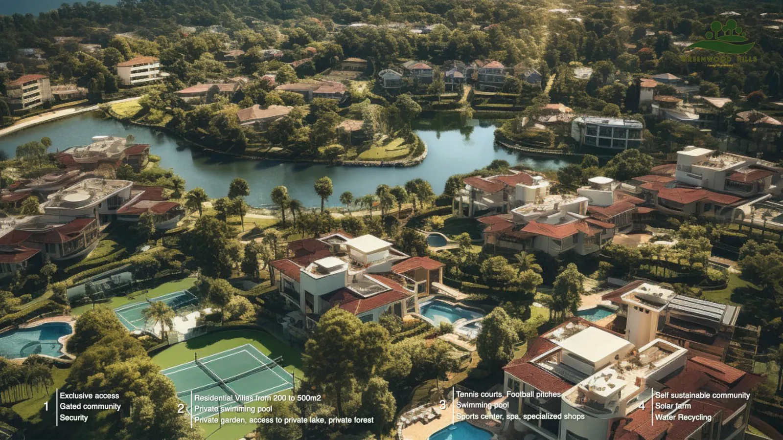 Render: villa cluster aerial view with private gardens, pool terraces, and landscaped pathways connecting residences within the forested community