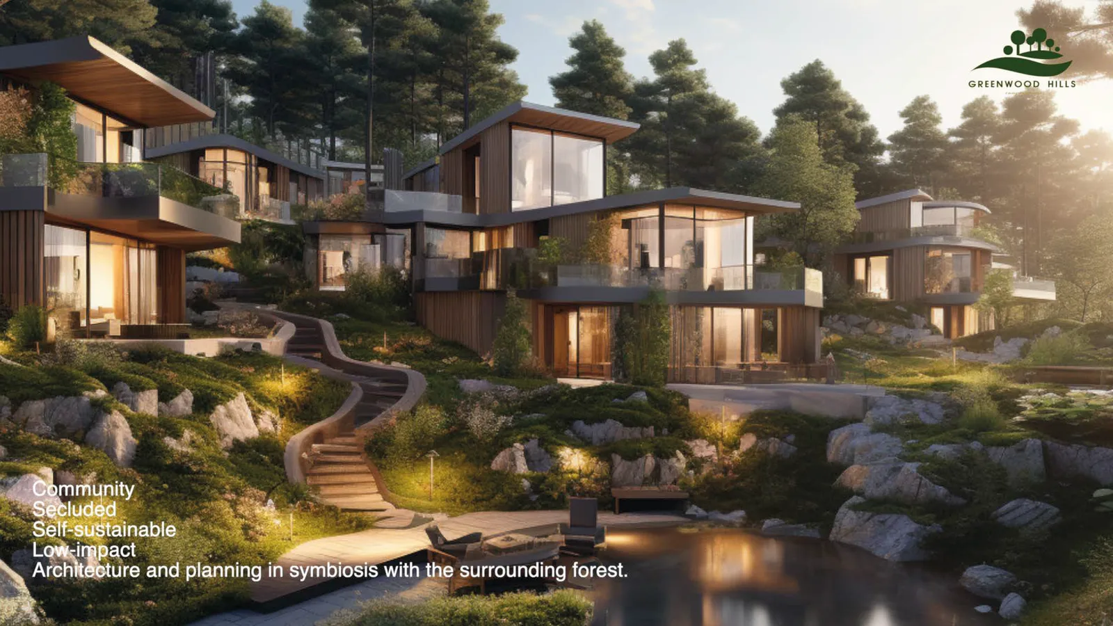 Render: community park and green corridor connecting villa zones with amenity areas, walking paths through native vegetation and mature trees