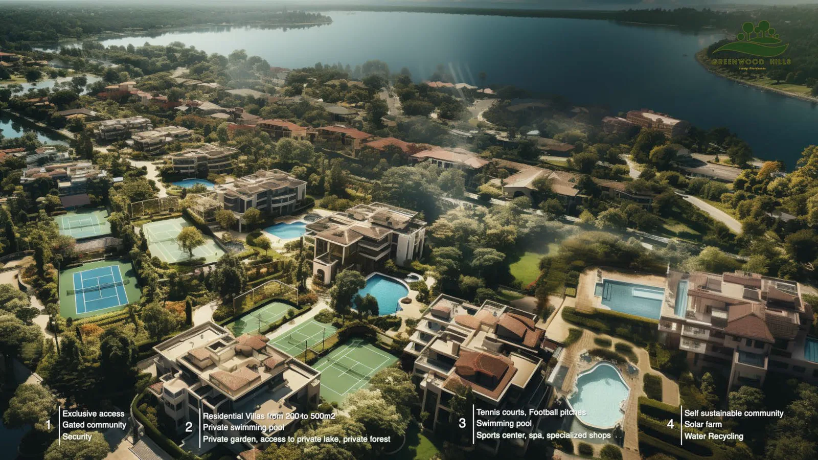 Render: aerial masterplan visualization of luxury residential community with villas, swimming pools, tennis courts, private lake access, and forested surroundings