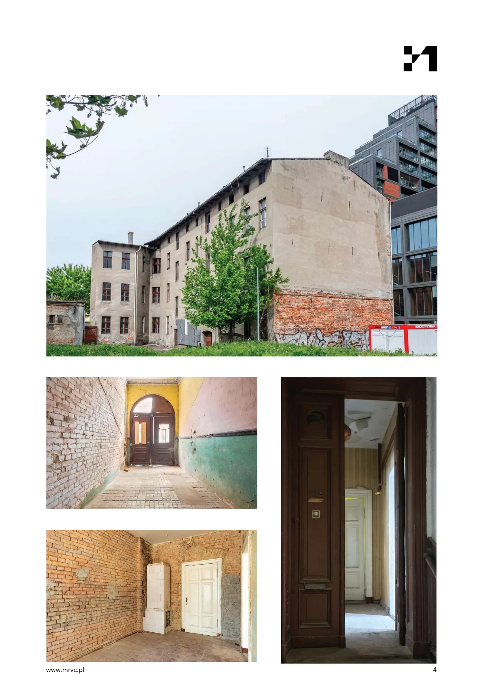 Pre-renovation interior showing existing apartment with peeling paint, worn floors, and original high ceilings