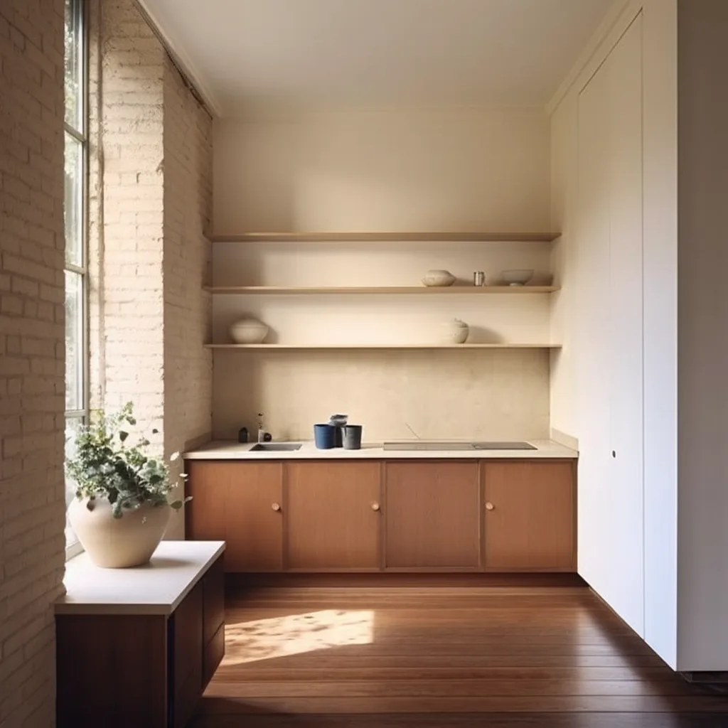 Kitchen detail with oak open shelving, white subway tile backsplash, matte black tap, and warm material palette