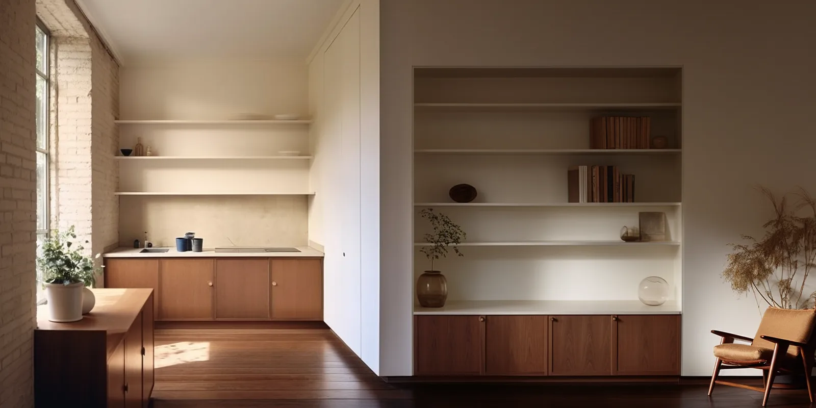Apartment open-plan living and kitchen concept with exposed brick, floor-to-ceiling heritage windows, oak flooring, and integrated kitchenette in micro-apartment layout