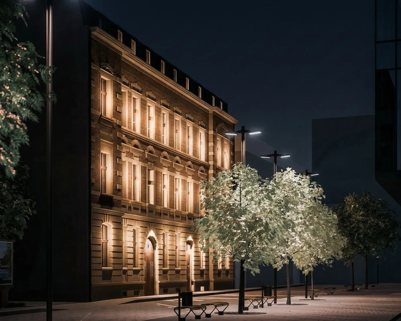 Street facade render of the restored 1898 Neo-Renaissance townhouse with cleaned brick upper floors, modernized ground floor, decorative cornices, and mature street trees