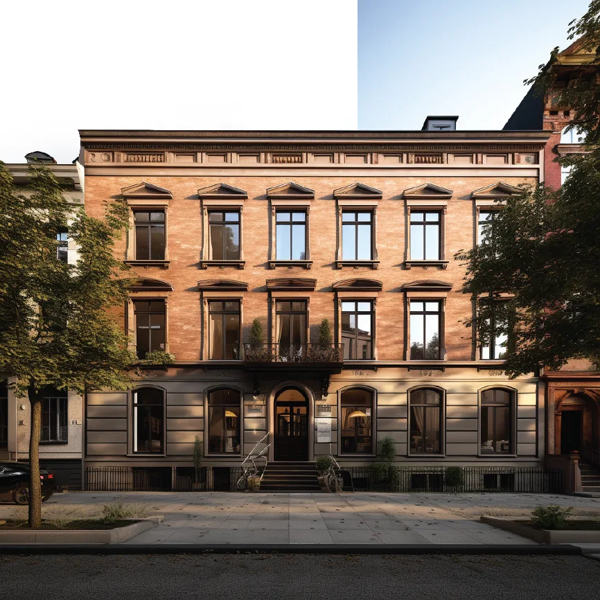 Square render of the Grottgera 5 townhouse entrance and ground floor modernization