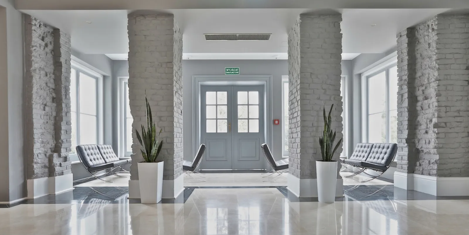 Lobby entrance hall with Barcelona chairs, exposed brick columns, and travertine floor beneath heritage ceiling