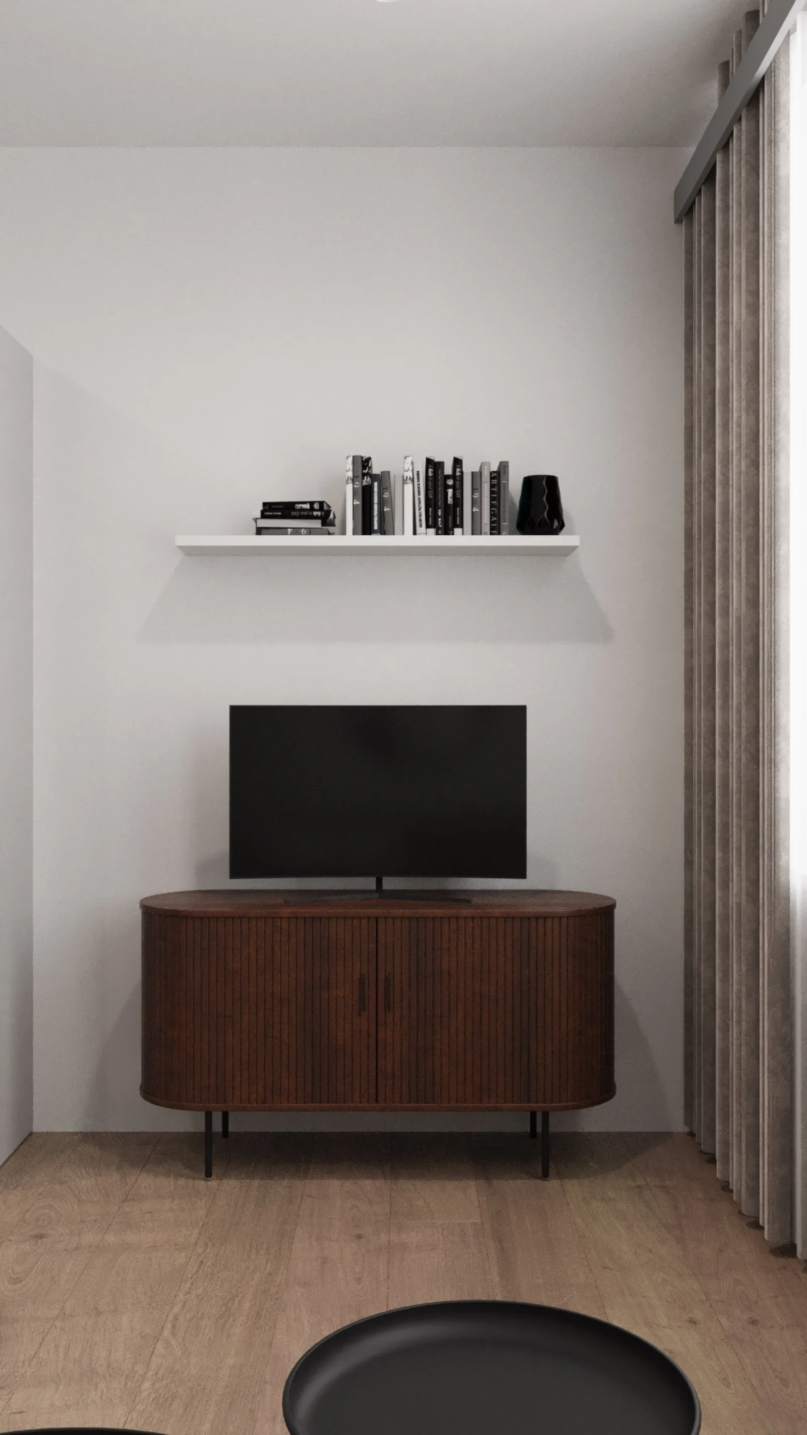 Detail: living area render with beige fabric sofa corner, round side table, floor lamp, and textured curtain in warm afternoon light through window