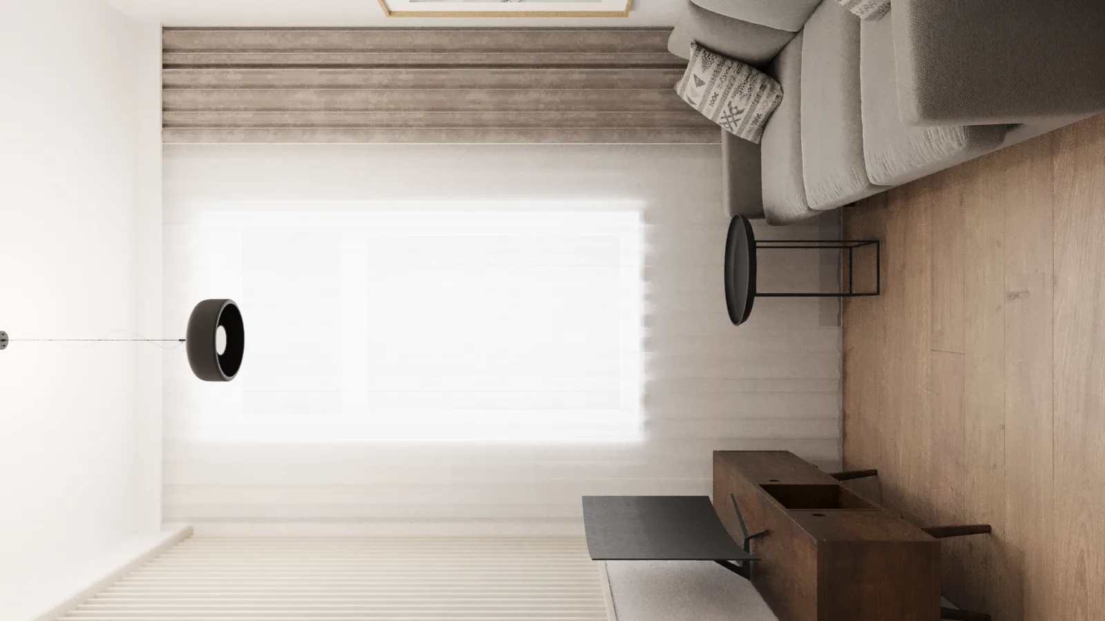 Gallery: studio apartment view showing compact living arrangement with kitchenette counter, seating area, and natural light through curtained window