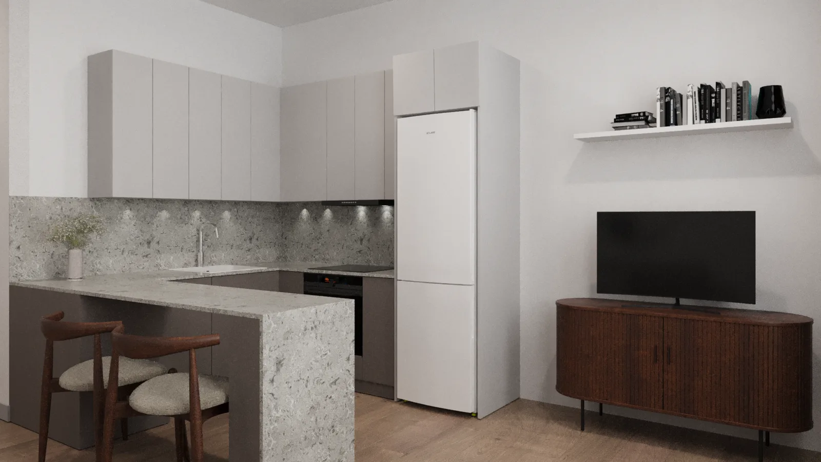 Hero: compact rental studio with open-plan kitchen, marble-effect quartz breakfast bar, beige sofa, black pendant cluster, and vinyl plank flooring throughout