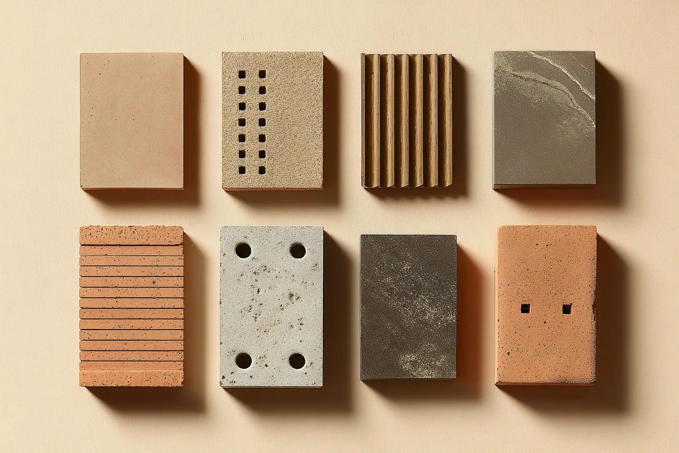 Detail: Al-Mawj brick tile facade system render showing ventilated clay cladding modules on mechanical clips over precast concrete wall core, with shade and airflow perforations for UAE desert climate