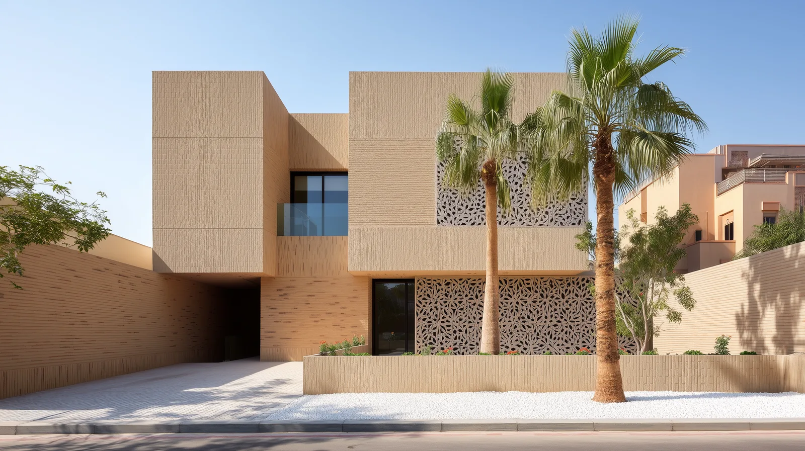 Interior: living room render with high thermal-mass earth-concrete walls, contemporary Emirati furnishings, tall low-E glazing with palm fiber composite shading hoods, and warm natural material palette
