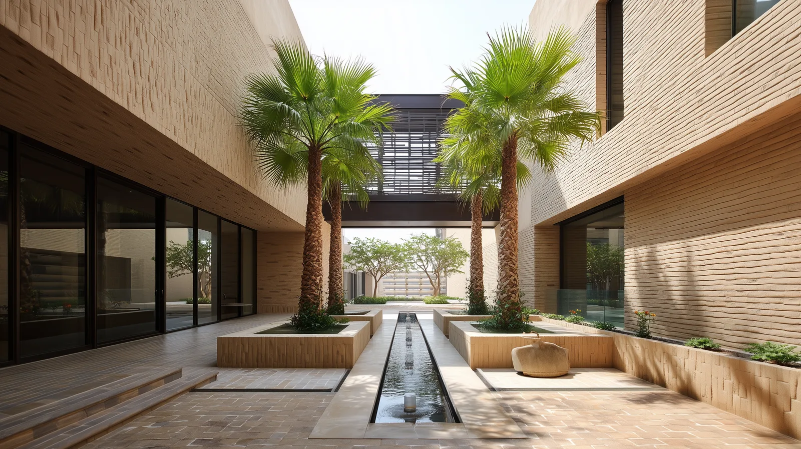Interior: central courtyard render with water mirror evaporative cooling feature, date palm trees, Al-Mawj textured wall cladding, overhead CNC-cut palm element pergola, and family gathering seating areas