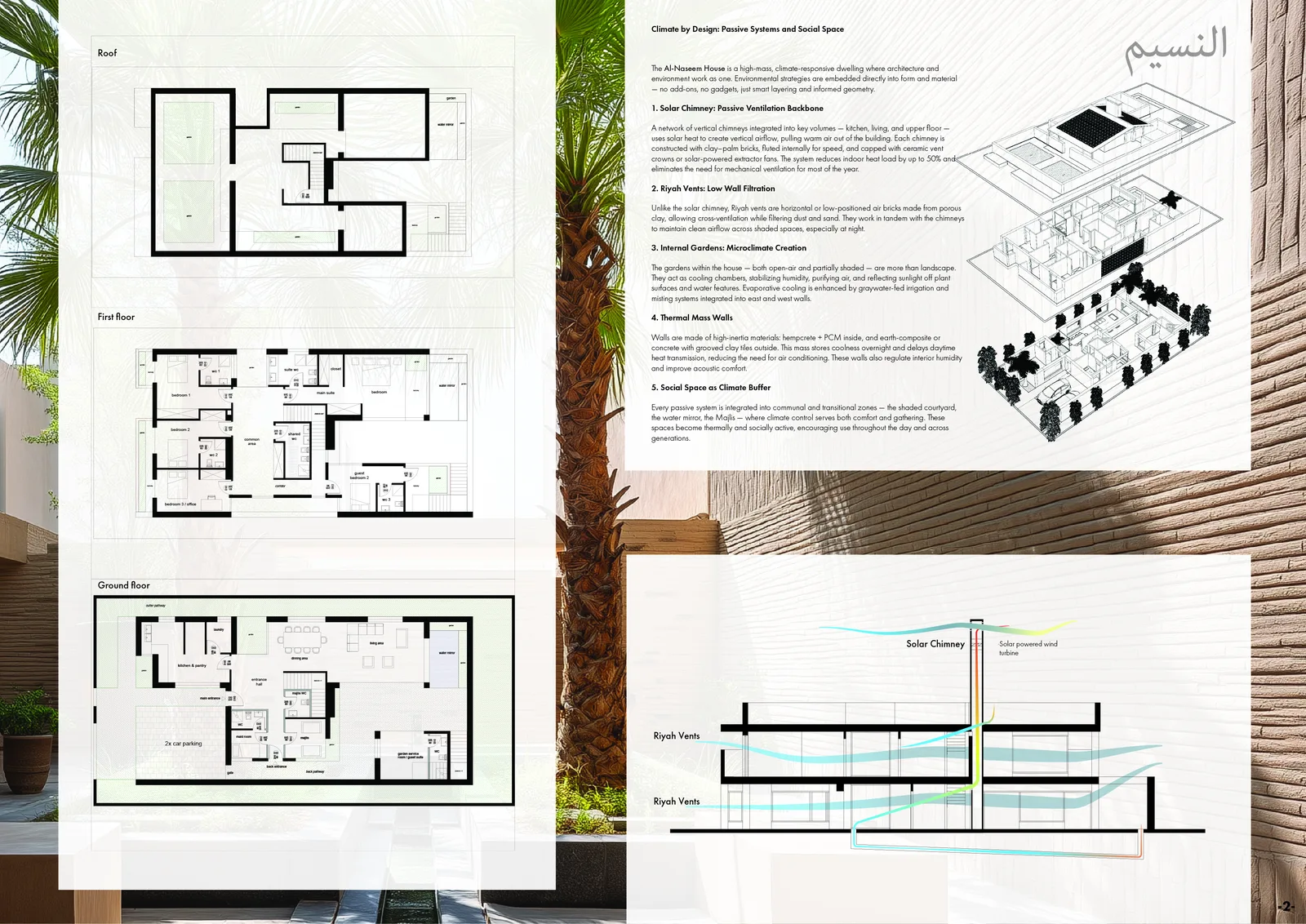 Drawing: Al-Naseem House competition Board 2 with ground and upper floor plans, roof layout, passive cooling cross-section showing solar chimney and Riyah vent system, and Al-Mawj material details
