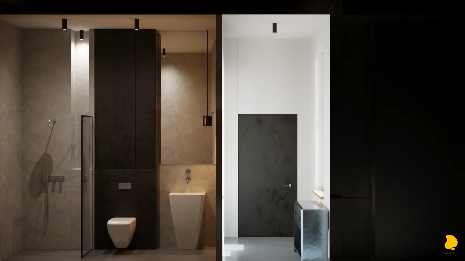 Split-view render showing ground floor WC with shower and wall-hung fixtures on left, and vestibule entrance with dark charcoal door and aviator cabinet on right