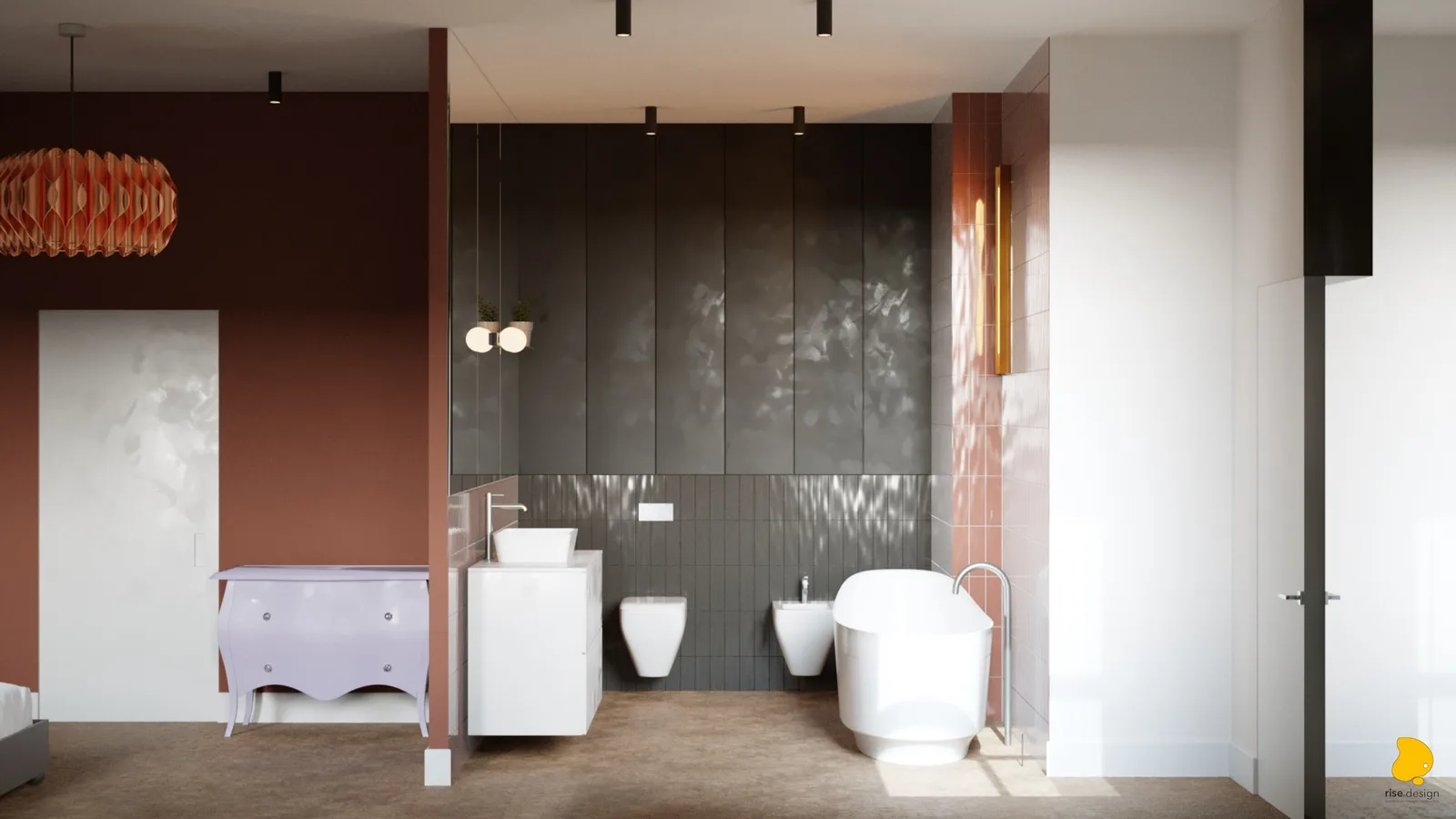 Bathroom wide view showing lilac baroque chest, white floating vanity, wall-hung WC and bidet, dark botanical wallpaper panels, terracotta tiles, and freestanding bathtub