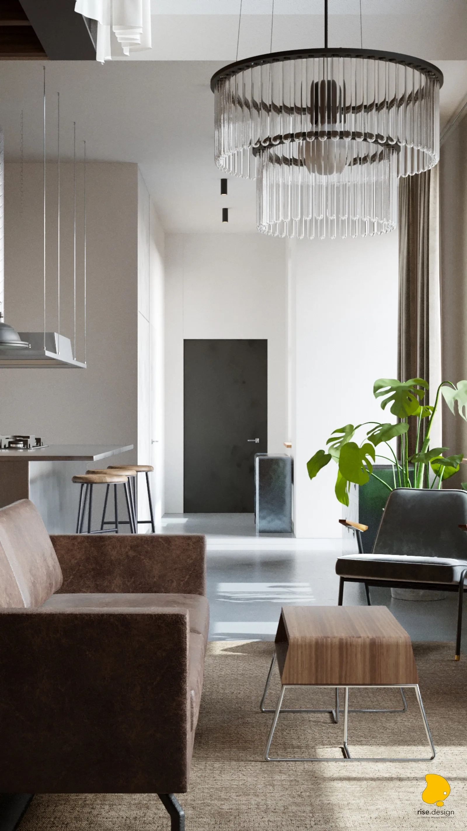Living room from vestibule entrance showing Art Deco chandelier, dark charcoal entrance door, Monstera deliciosa, grey armchair, and walnut coffee table
