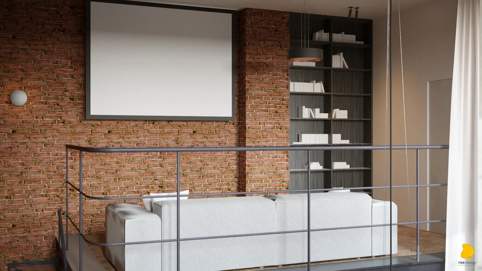 Mezzanine cinema from steel railing level showing projector screen on brick wall, sofa, built-in bookshelf, and white sheer curtain divider