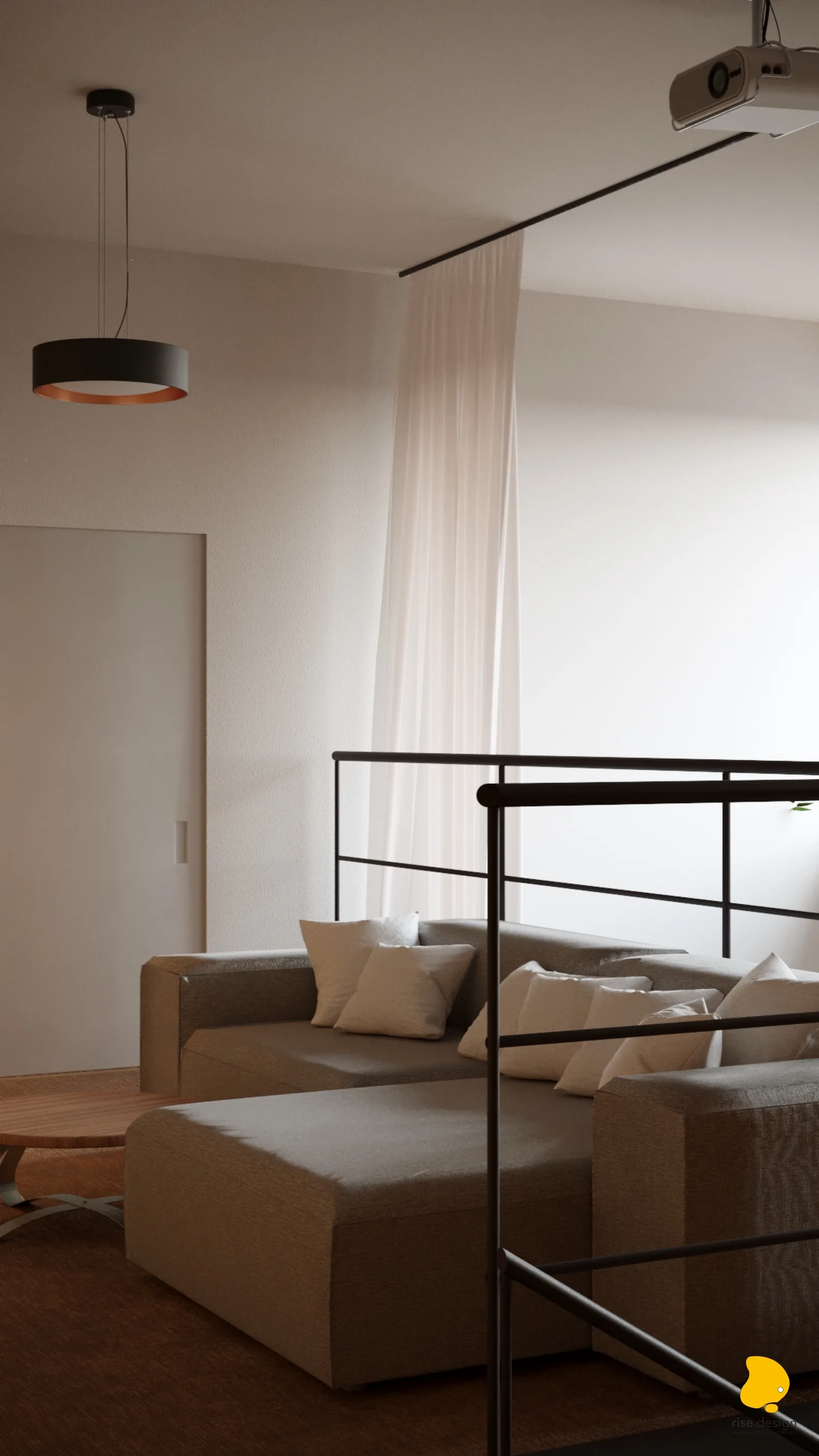 Mezzanine lounge with black and copper drum pendant lamp, ceiling-mounted projector, grey sofa behind steel railing, and white sheer privacy curtain