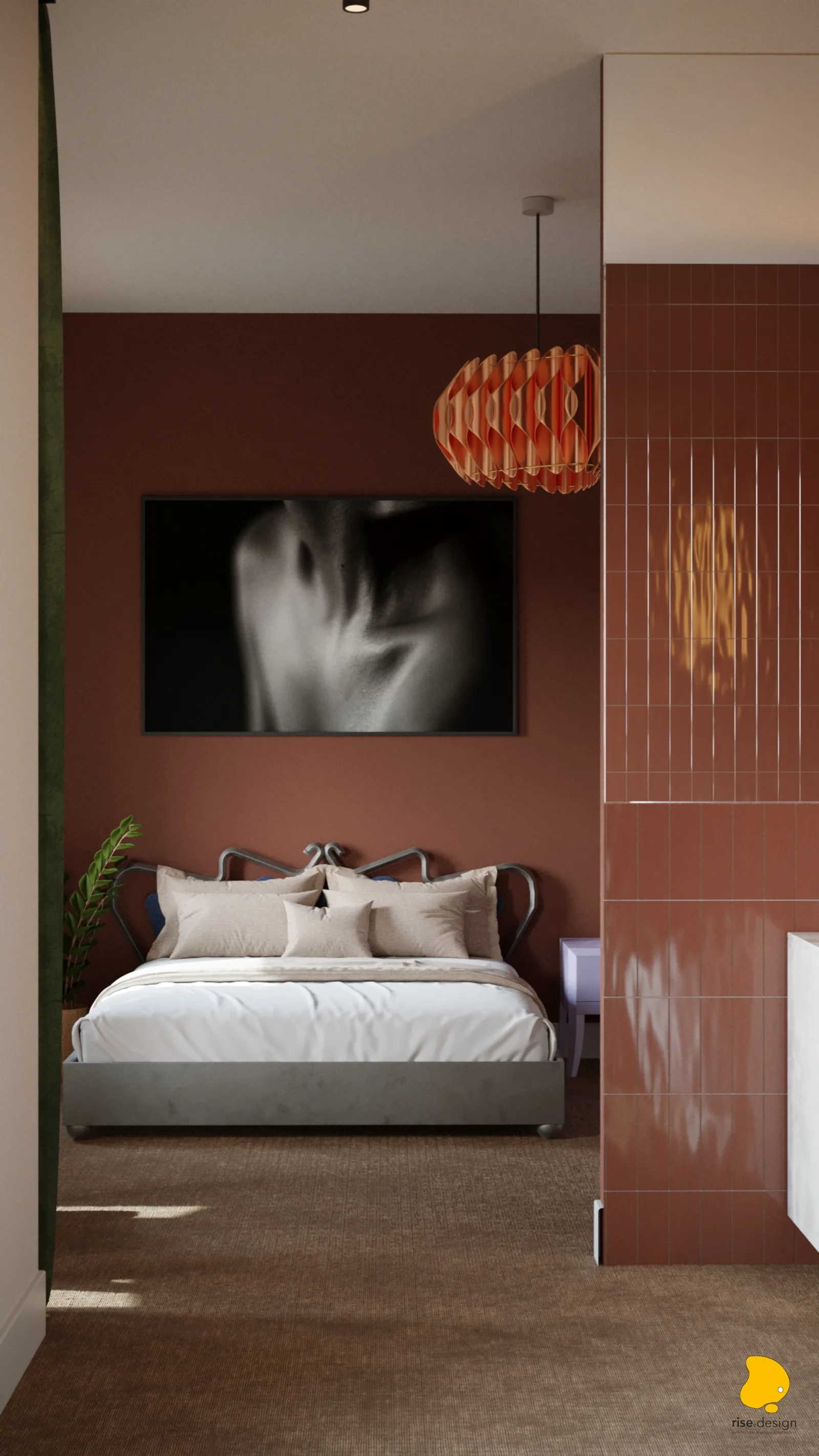 Bedroom from doorway showing terracotta wall, origami pendant lamp, bed with Art Nouveau headboard, terracotta tile partition column toward semi-open bathroom