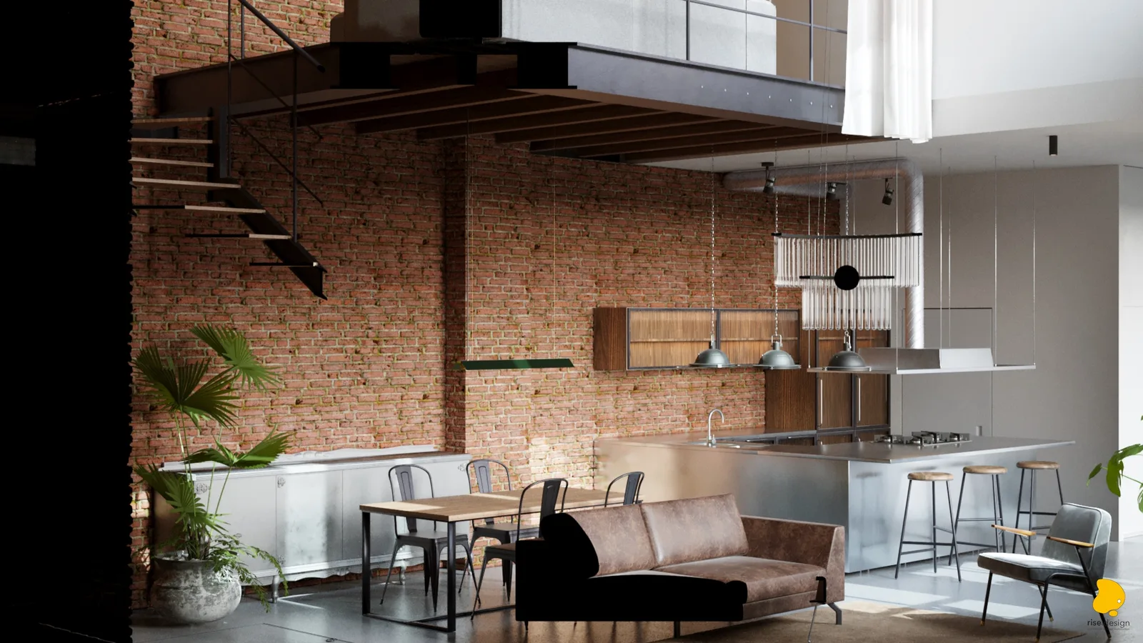 Mezzanine from above showing cinema lounge with projector screen on brick, sofa, bookshelf, sheer curtain divider, and bedroom entrance with terracotta wall visible