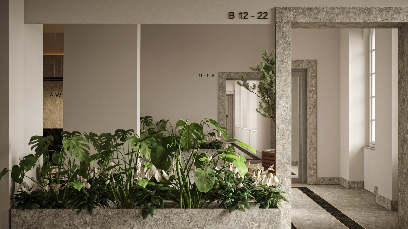 Interior: corridor intersection render showing stone-clad walls meeting at right angle with gold LED accent lines and polished marble flooring