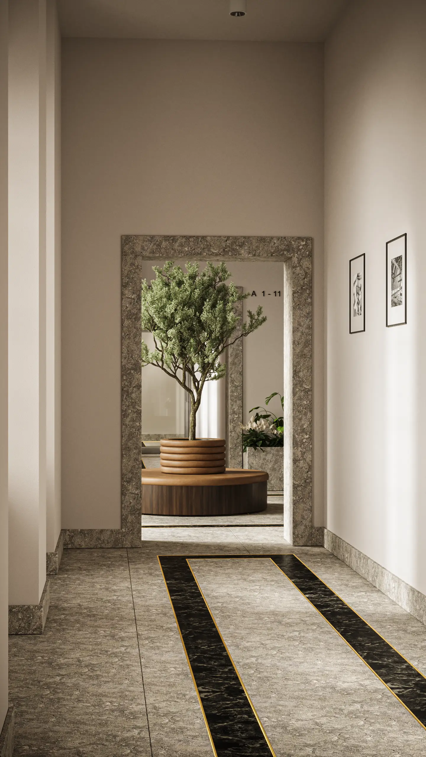 Interior: corridor render showing stone baseboard wainscoting, warm grey-beige wall colour, black cylindrical surface-mounted ceiling spotlights, and gold accent strip at floor level