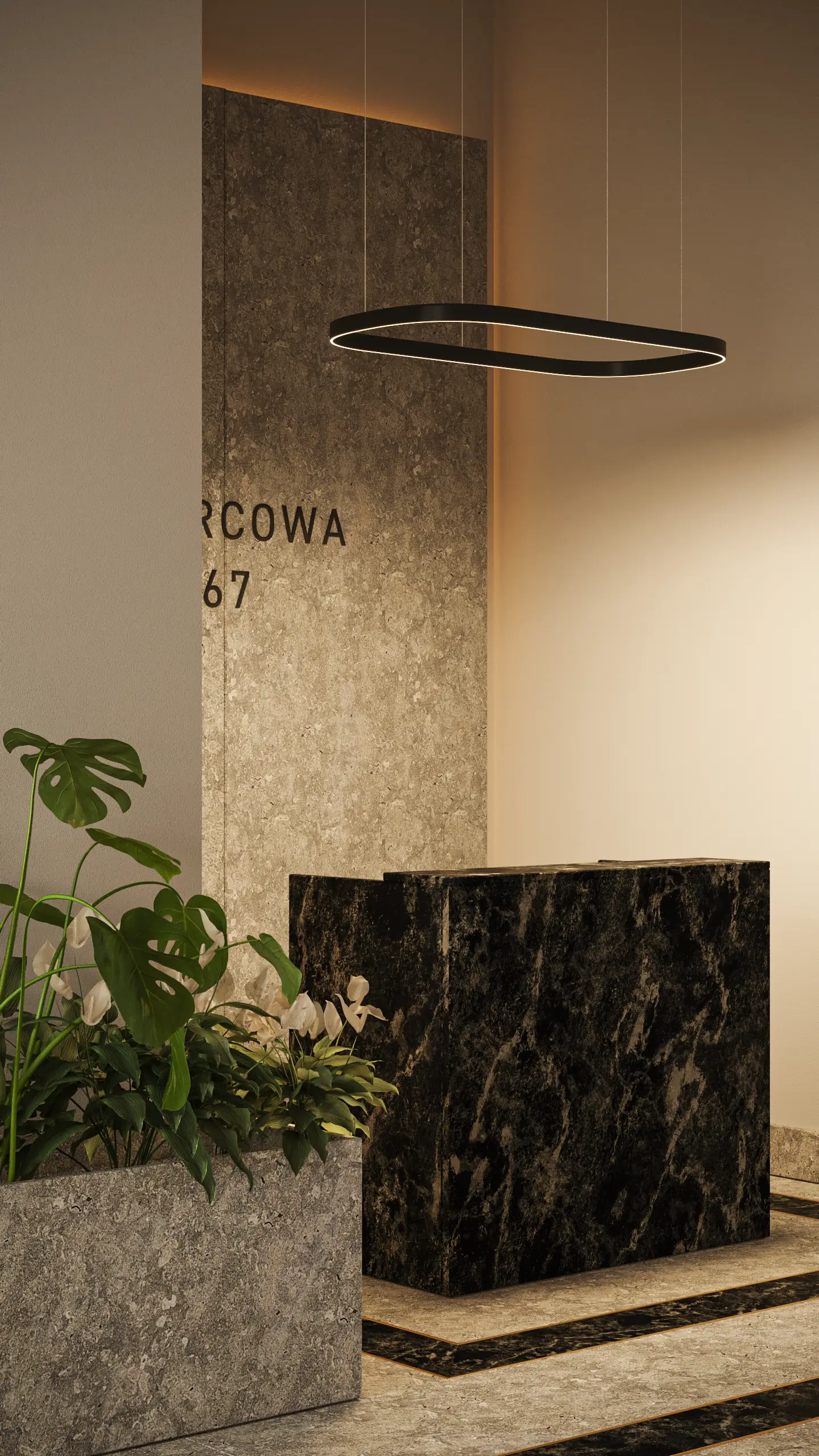 Interior: apartment entry render showing white flush-panel doors with recessed frames, dark metal door handles, small dark metal apartment numbers, and overhead accent lighting