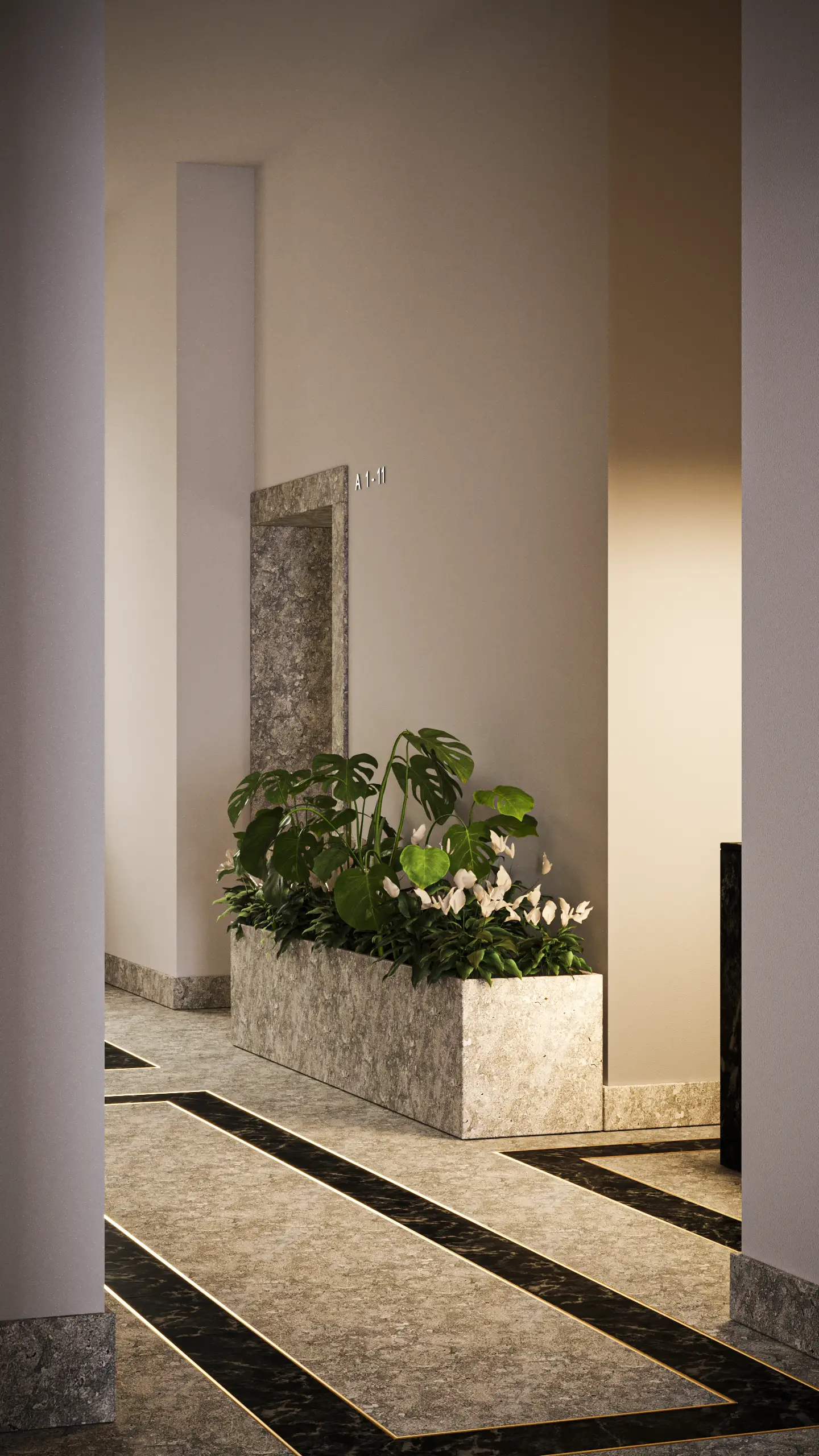 Interior: courtyard garden view through lobby arched windows showing mature trees, formal hedgerows, and enclosed green courtyard space within the U-shaped building plan