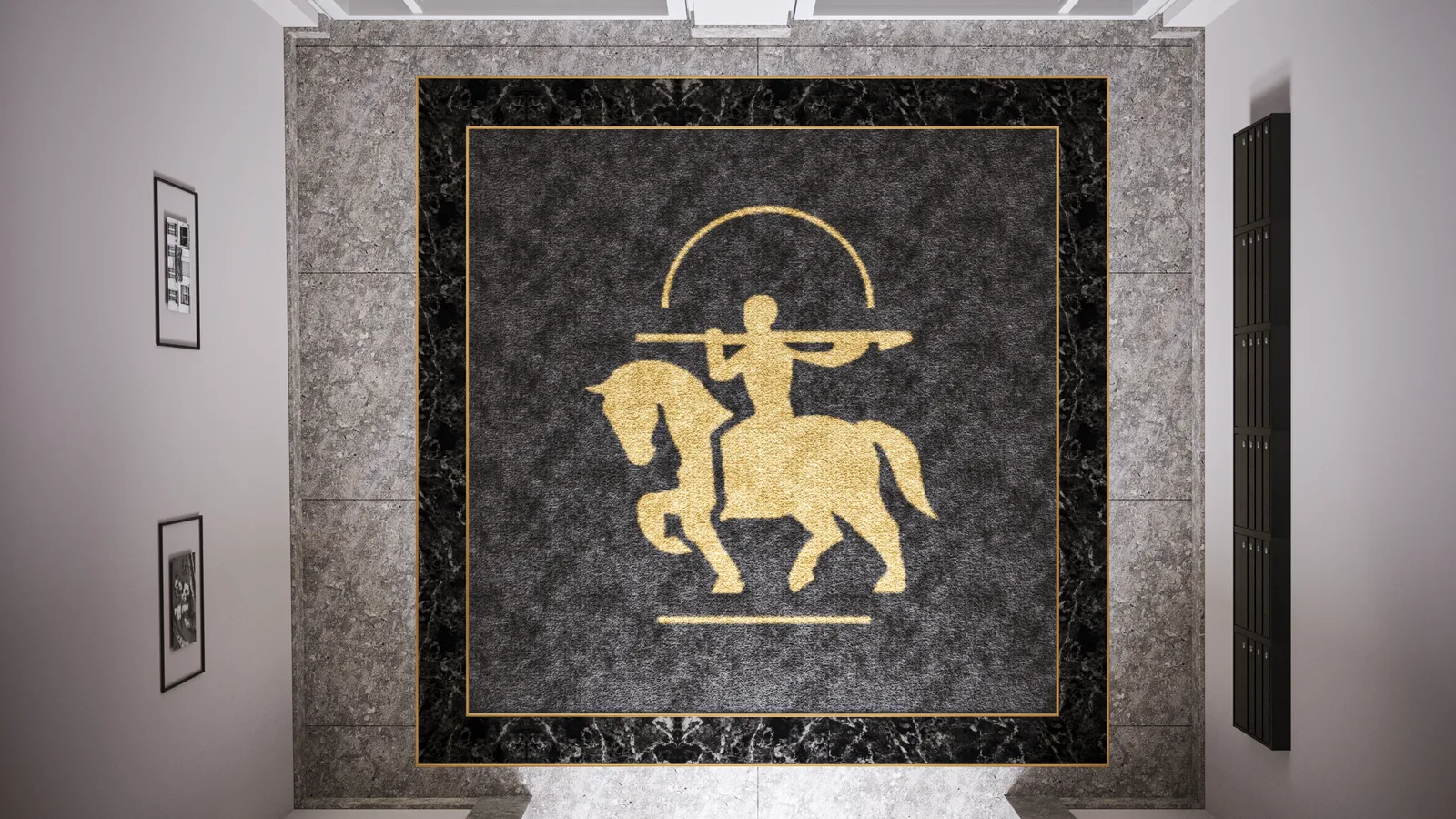 Interior: main lobby render with Atlantic Grey stone walls, Nero Marquina marble floor, gold LED accents, olive tree centrepiece, and heritage ceiling arches above