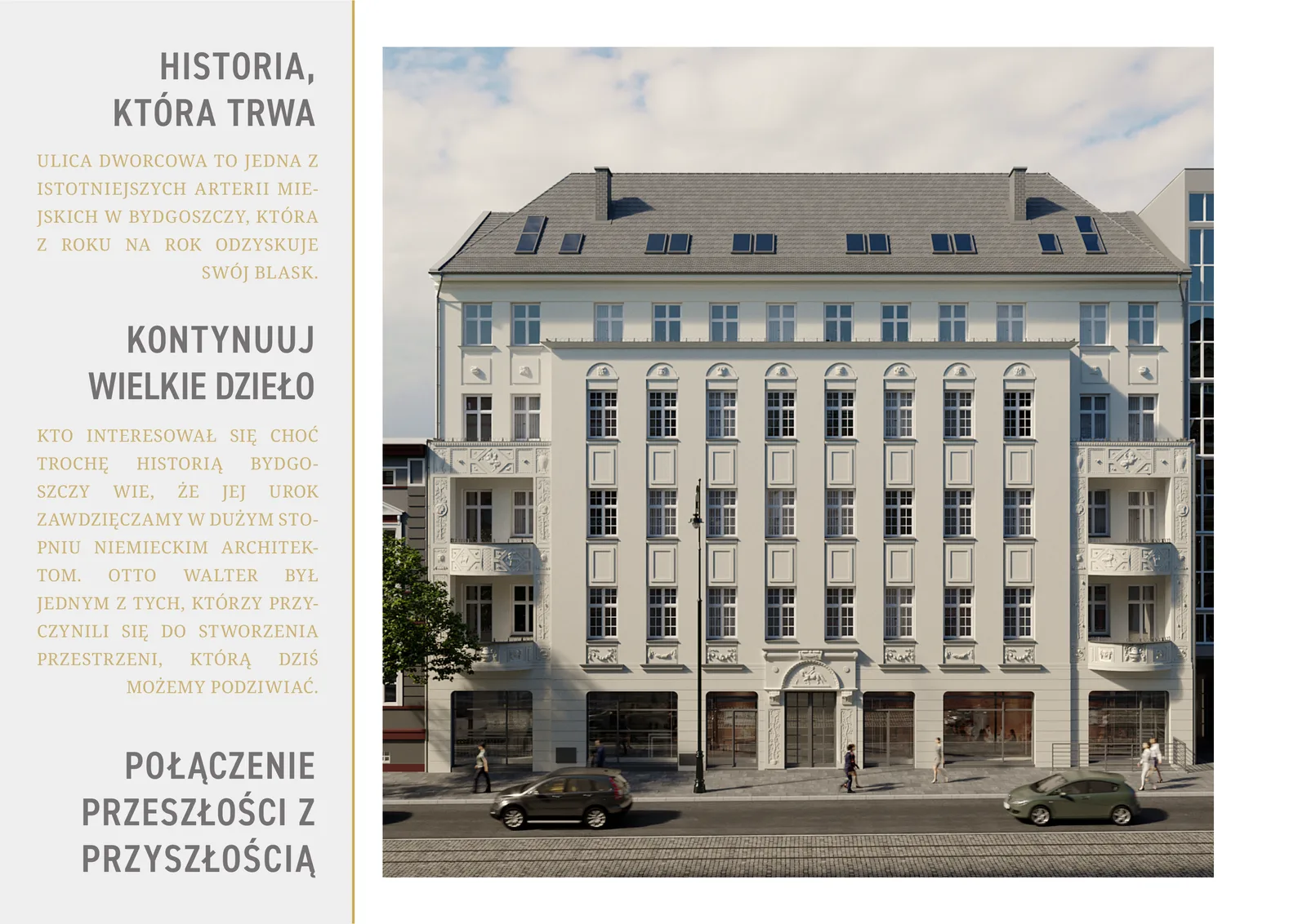 Exterior: facade detail render showing brilliant white breathable lime paint finish, 24-carat gold leaf on bas-relief tondi, ornate cornices, and carved window surrounds