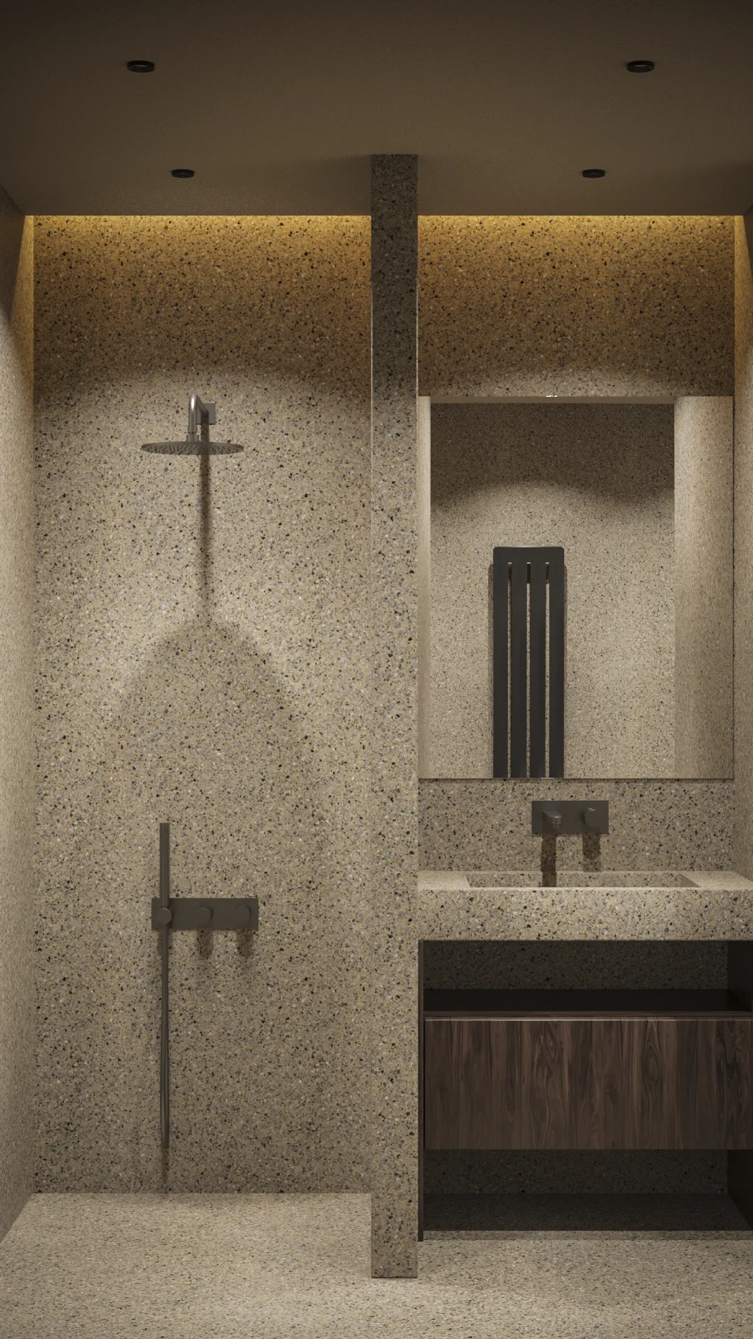 Gallery: reception render with walnut feature wall bearing iQ Development corporate logo, custom two-tier reception desk, RAL 5000 navy blue ceiling, and two Aqform Maxi Ring pendant lights