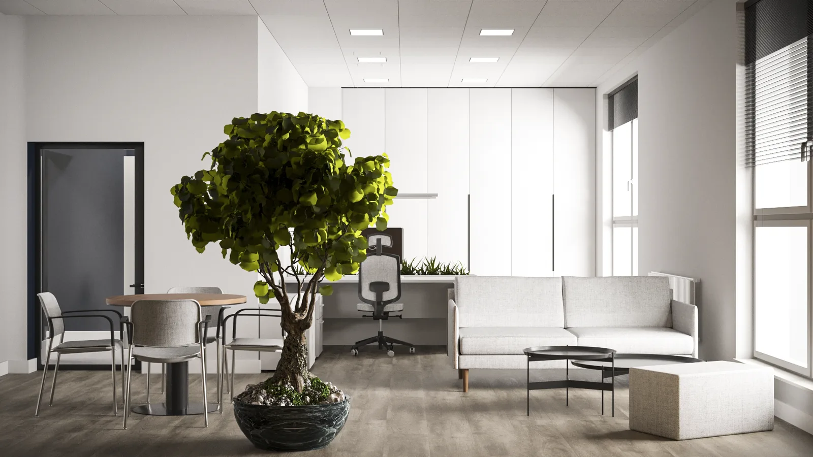Gallery: open space workstation render with white MDD Ogi V desks, living plant dividers, Samsung monitors, mesh task chairs, cassette ceiling grid, and walnut accent wall in background