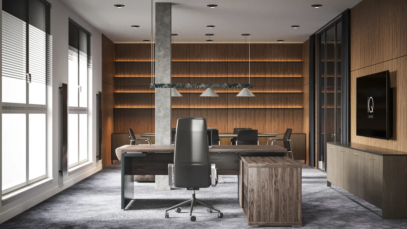 Gallery: conference zone wide render with all ten Euforma Acos Pro chairs around oval Mono table, three grey Loftlight pendants above, walnut bookcase wall, and glass partitions beyond